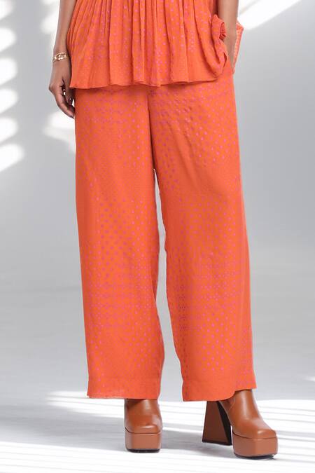 Shop_Surbhi Gupta_Orange Georgette Pearls, Mirrors V-neck Peplum Top And Printed Trouser Set _Online_at_Aza_Fashions