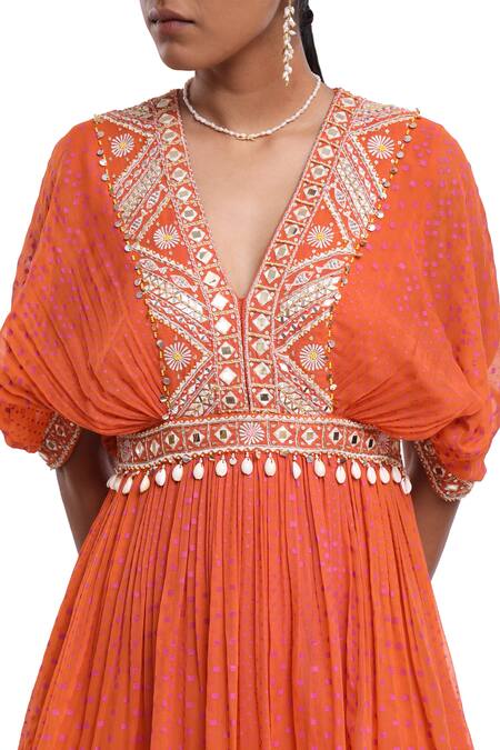 Surbhi Gupta_Orange Georgette Pearls, Mirrors V-neck Peplum Top And Printed Trouser Set _at_Aza_Fashions