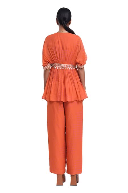 Surbhi Gupta Orange Peplum Top & Printed Trouser Set 