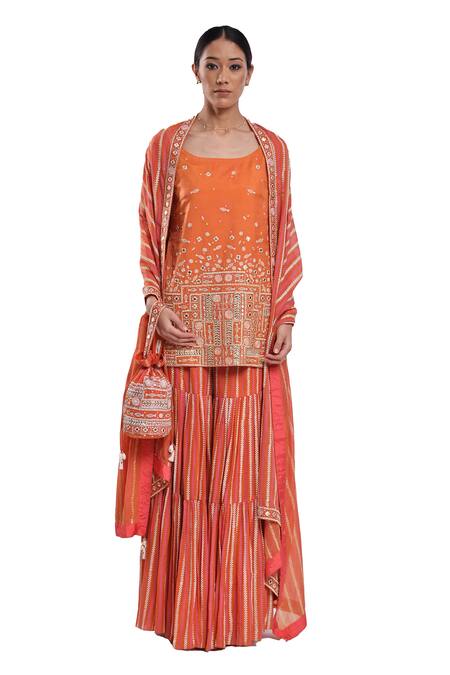 Buy_Surbhi Gupta_Orange Silk, Georgette, Organza Pearls, Mirrors Square Block Printed Kurta Set _Online_at_Aza_Fashions