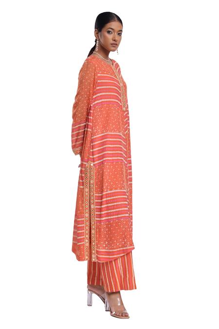 Surbhi Gupta_Orange Cotton Embroidery Round Neck Striped Munira Kurta Set _Online_at_Aza_Fashions