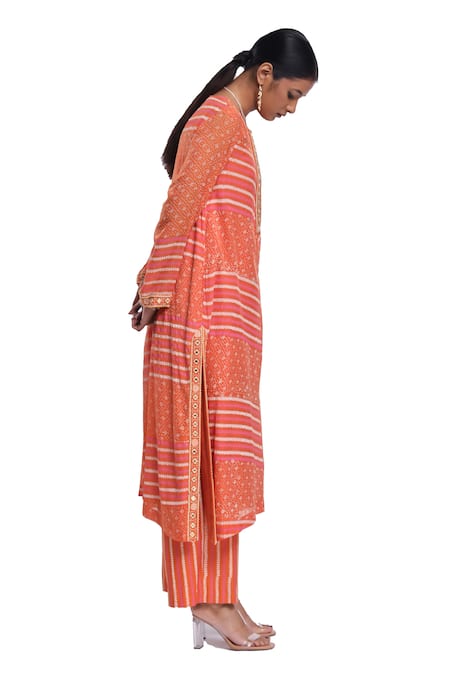 Buy_Surbhi Gupta_Orange Cotton Embroidery Round Neck Striped Munira Kurta Set _Online_at_Aza_Fashions