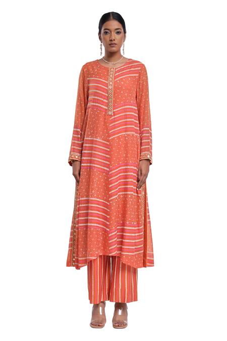 Shop_Surbhi Gupta_Orange Cotton Embroidery Round Neck Striped Munira Kurta Set _Online_at_Aza_Fashions