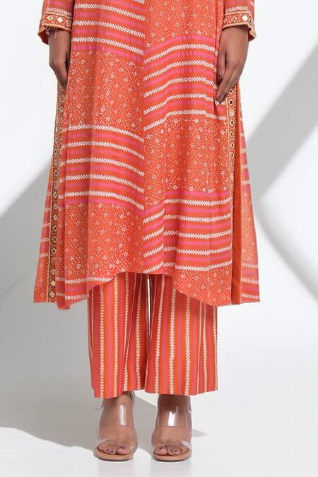Buy_Surbhi Gupta_Orange Cotton Embroidery Round Neck Striped Munira Kurta Set 