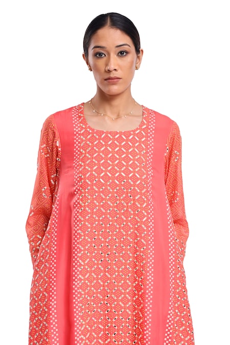 Buy_Surbhi Gupta_Pink Bamboo, Silk Mirrors, Embroidery Round Neck A-line Kurta And Dhoti Pant Set _Online_at_Aza_Fashions
