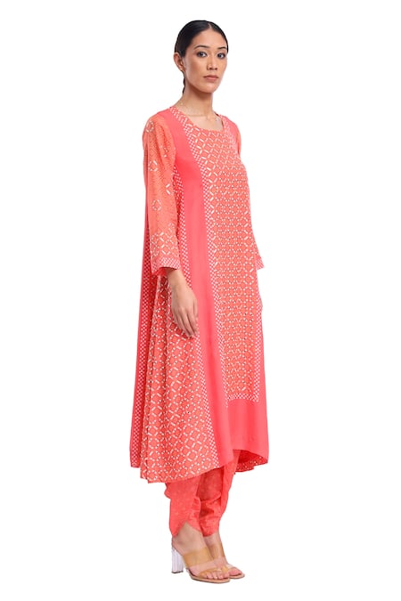 Shop_Surbhi Gupta_Pink Bamboo, Silk Mirrors, Embroidery Round Neck A-line Kurta And Dhoti Pant Set _Online_at_Aza_Fashions