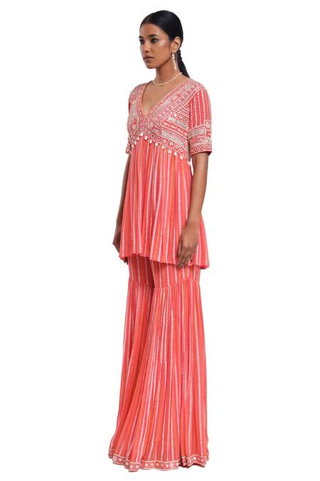 Surbhi Gupta_Pink Georgette, Organza Pearls, Mirrors, Tassels V-neck Block Printed Kurta Set _Online_at_Aza_Fashions