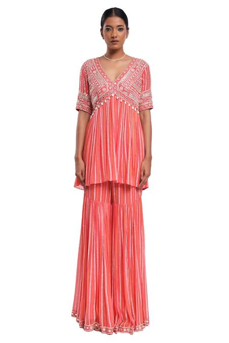 Buy_Surbhi Gupta_Pink Georgette, Organza Pearls, Mirrors, Tassels V-neck Block Printed Kurta Set _Online_at_Aza_Fashions