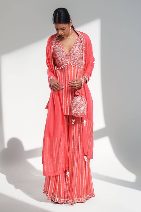 Shop_Surbhi Gupta_Pink Georgette, Organza Pearls, Mirrors, Tassels V-neck Block Printed Kurta Set _Online_at_Aza_Fashions