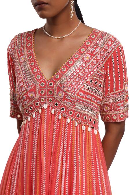 Surbhi Gupta_Pink Georgette, Organza Pearls, Mirrors, Tassels V-neck Block Printed Kurta Set _at_Aza_Fashions