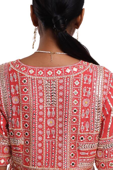 Buy_Surbhi Gupta_Pink Georgette, Organza Pearls, Mirrors, Tassels V-neck Block Printed Kurta Set 