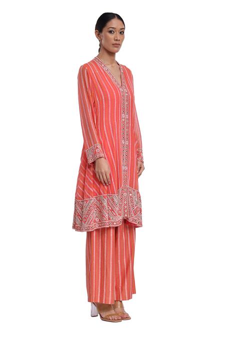 Buy_Surbhi Gupta_Pink Cotton, Chiffon Embroidery, Tassels V-neck Block Printed Kurta Set _Online_at_Aza_Fashions