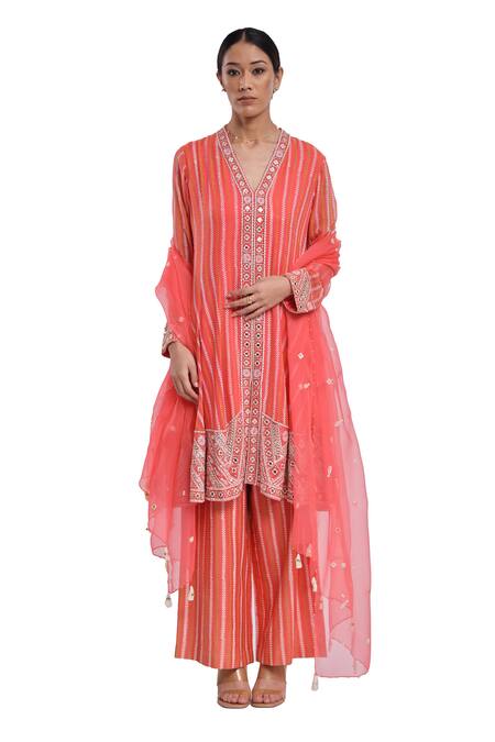 Shop_Surbhi Gupta_Pink Cotton, Chiffon Embroidery, Tassels V-neck Block Printed Kurta Set _Online_at_Aza_Fashions