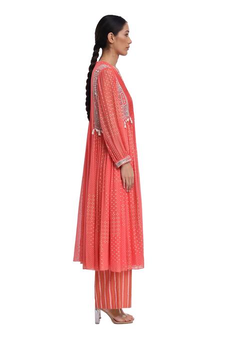 Surbhi Gupta_Pink Georgette, Cotton Satin, Silk Organza Pearls, Hand Block Printed Kurta Set _Online_at_Aza_Fashions