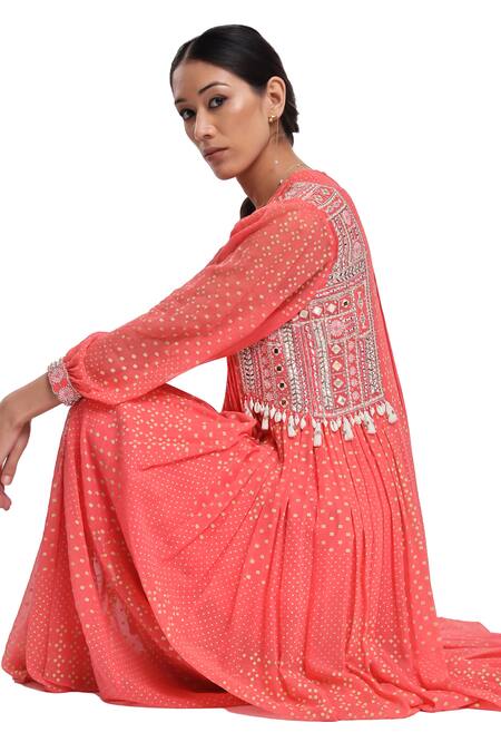 Buy_Surbhi Gupta_Pink Georgette, Cotton Satin, Silk Organza Pearls, Hand Block Printed Kurta Set _Online_at_Aza_Fashions
