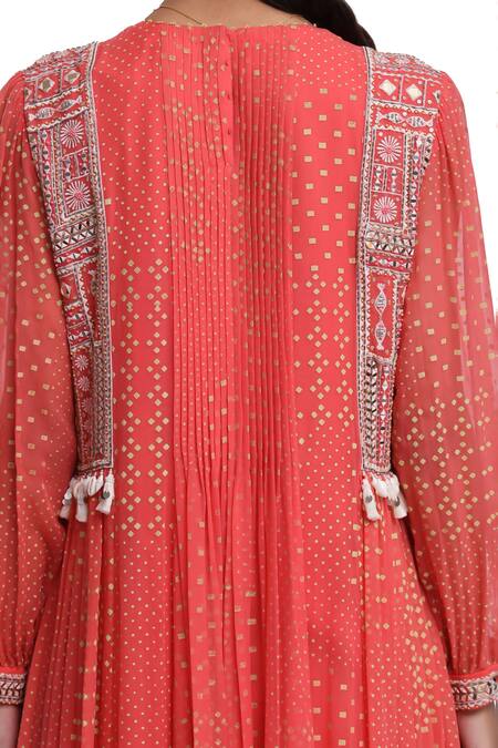 Shop_Surbhi Gupta_Pink Georgette, Cotton Satin, Silk Organza Pearls, Hand Block Printed Kurta Set _Online_at_Aza_Fashions