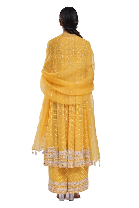Shop_Surbhi Gupta_Yellow , , Satin, Organza Hand Block Printed Anarkali Set _at_Aza_Fashions