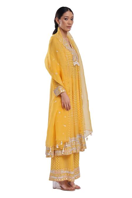 Surbhi Gupta_Yellow , , Satin, Organza Hand Block Printed Anarkali Set _Online_at_Aza_Fashions
