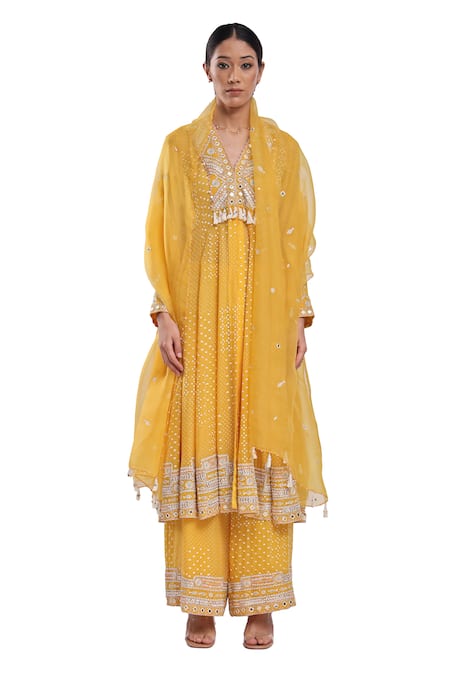 Buy_Surbhi Gupta_Yellow , , Satin, Organza Hand Block Printed Anarkali Set _Online_at_Aza_Fashions