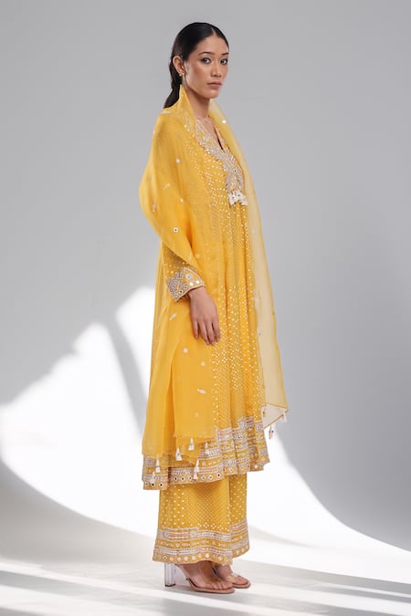 Shop_Surbhi Gupta_Yellow , , Satin, Organza Hand Block Printed Anarkali Set _Online_at_Aza_Fashions