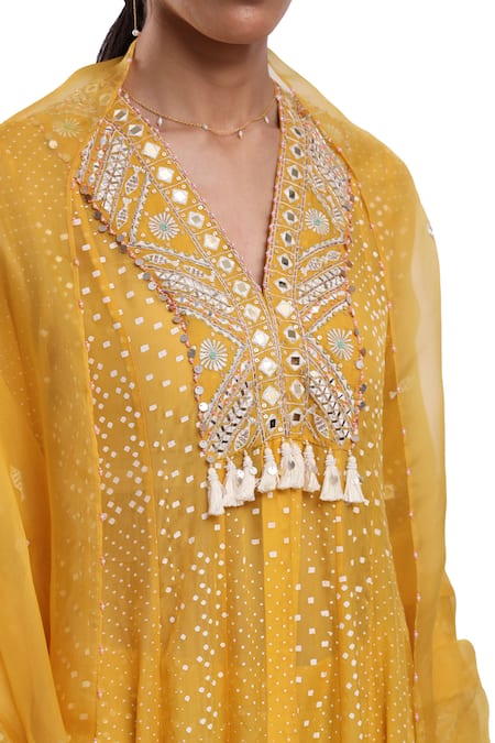 Surbhi Gupta_Yellow , , Satin, Organza Hand Block Printed Anarkali Set _at_Aza_Fashions
