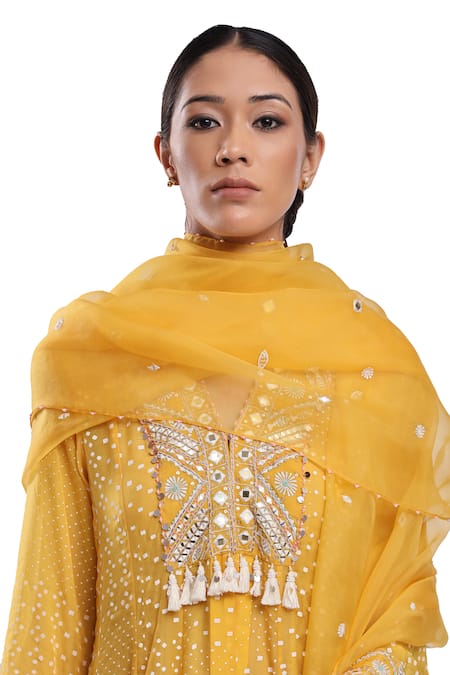 Buy_Surbhi Gupta_Yellow , , Satin, Organza Hand Block Printed Anarkali Set 