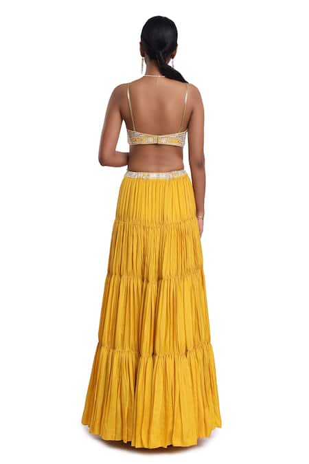 Surbhi Gupta Crinkled Tiered Yellow Lehenga Set 