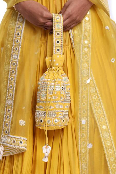 Surbhi Gupta_Yellow , , Organza, Satin Crinkled Tiered Lehenga Set _Online_at_Aza_Fashions