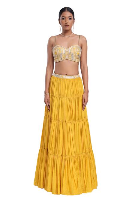 Buy_Surbhi Gupta_Yellow , , Organza, Satin Crinkled Tiered Lehenga Set _Online_at_Aza_Fashions