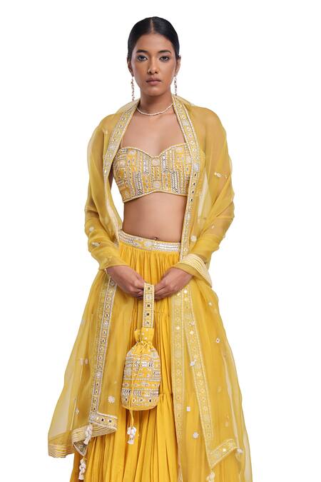 Shop_Surbhi Gupta_Yellow , , Organza, Satin Crinkled Tiered Lehenga Set _Online_at_Aza_Fashions