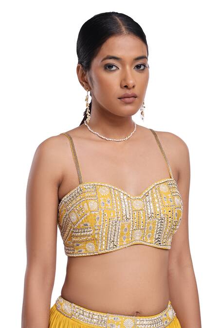 Surbhi Gupta_Yellow , , Organza, Satin Crinkled Tiered Lehenga Set _at_Aza_Fashions