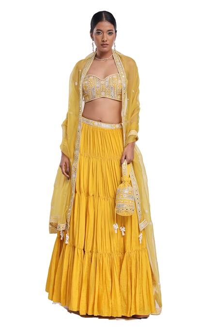 Buy_Surbhi Gupta_Yellow , , Organza, Satin Crinkled Tiered Lehenga Set 