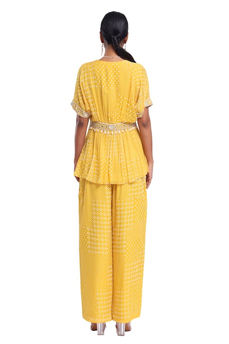 Surbhi Gupta Yellow Peplum Top & Printed Trouser Set 