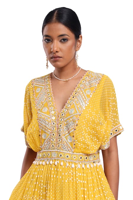 Shop_Surbhi Gupta_Yellow Georgette, Linen Pearls, Tassels V-neck Peplum Top And Printed Trouser Set _Online_at_Aza_Fashions
