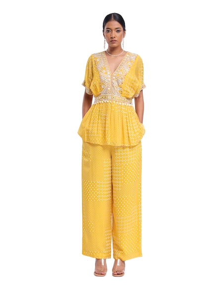 Buy_Surbhi Gupta_Yellow Georgette, Linen Pearls, Tassels V-neck Peplum Top And Printed Trouser Set 