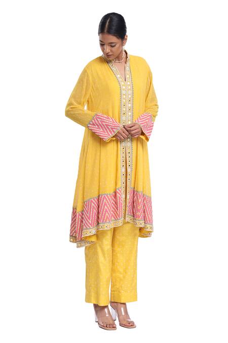 Surbhi Gupta_Yellow Georgette, Cotton Satin, Silk Organza Hand Block Printed Anarkali Set _Online_at_Aza_Fashions
