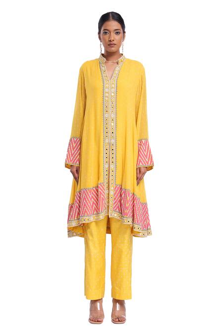 Buy_Surbhi Gupta_Yellow Georgette, Cotton Satin, Silk Organza Hand Block Printed Anarkali Set _Online_at_Aza_Fashions