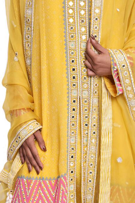 Shop_Surbhi Gupta_Yellow Georgette, Cotton Satin, Silk Organza Hand Block Printed Anarkali Set _Online_at_Aza_Fashions
