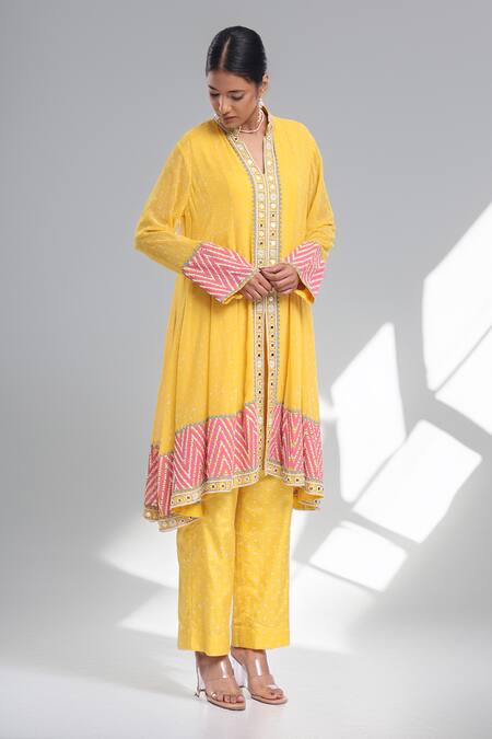 Surbhi Gupta_Yellow Georgette, Cotton Satin, Silk Organza Hand Block Printed Anarkali Set _at_Aza_Fashions