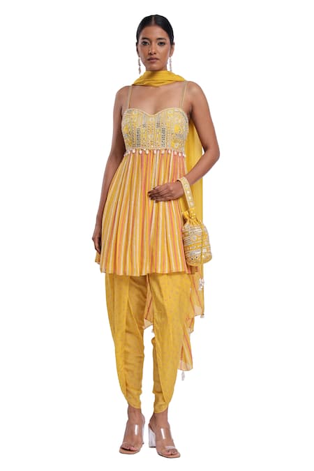 Surbhi Gupta_Yellow Georgette, Silk, Organza Pearls, Mirrors Round Block Printed Kurta Set _Online_at_Aza_Fashions