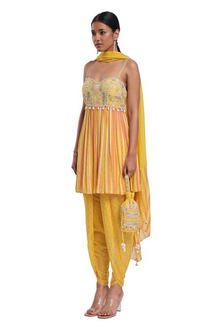 Buy_Surbhi Gupta_Yellow Georgette, Silk, Organza Pearls, Mirrors Round Block Printed Kurta Set _Online_at_Aza_Fashions