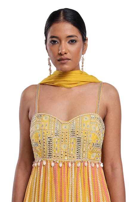 Shop_Surbhi Gupta_Yellow Georgette, Silk, Organza Pearls, Mirrors Round Block Printed Kurta Set _Online_at_Aza_Fashions