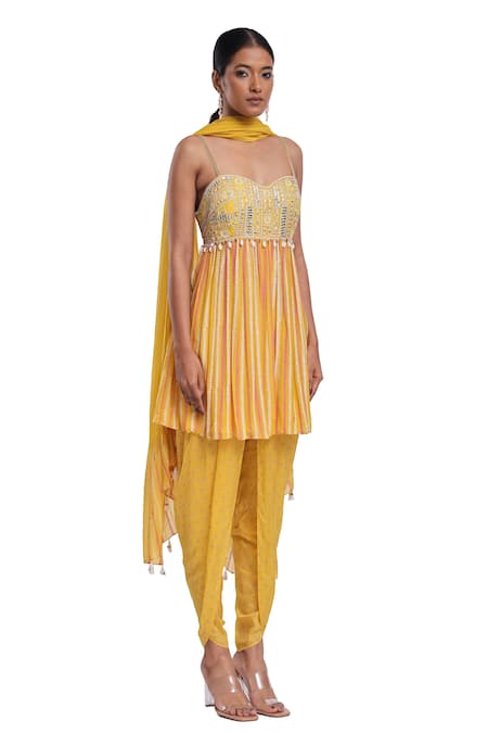 Surbhi Gupta_Yellow Georgette, Silk, Organza Pearls, Mirrors Round Block Printed Kurta Set _at_Aza_Fashions