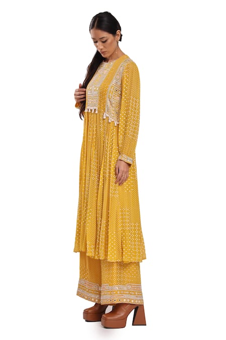 Buy_Surbhi Gupta_Yellow Georgette Pearls, Mirrors, Embroidery Round Hand Block Printed Kurta Set _Online_at_Aza_Fashions
