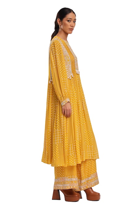 Shop_Surbhi Gupta_Yellow Georgette Pearls, Mirrors, Embroidery Round Hand Block Printed Kurta Set _Online_at_Aza_Fashions