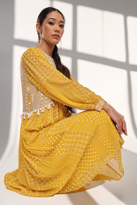 Surbhi Gupta_Yellow Georgette Pearls, Mirrors, Embroidery Round Hand Block Printed Kurta Set _at_Aza_Fashions