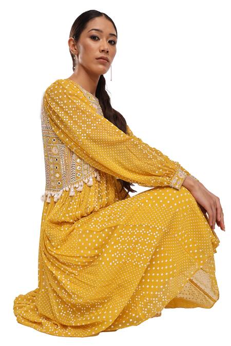 Buy_Surbhi Gupta_Yellow Georgette Pearls, Mirrors, Embroidery Round Hand Block Printed Kurta Set 