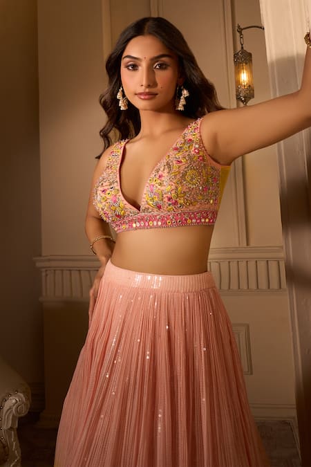 Buy_Aariyana Couture_Pink Silk, Satin, Chiffon Sequins, Embroidery V-neck Ombre Lehenga Set _Online_at_Aza_Fashions