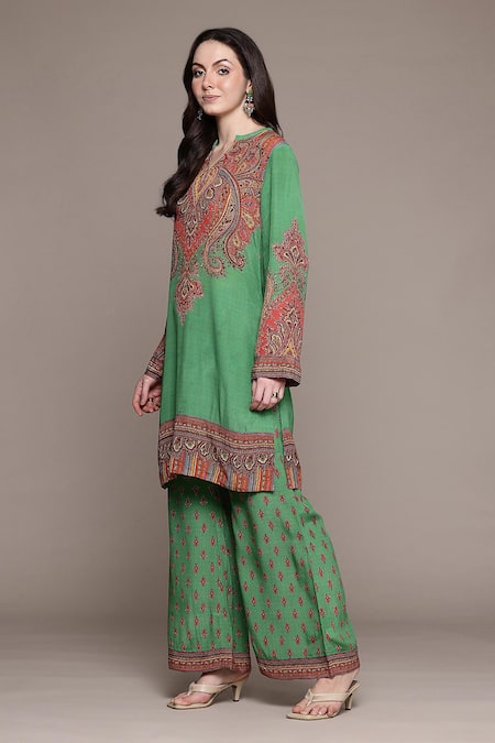 Ritu Kumar_Green Viscose Embroidery Round Neck Adrika Kurta Palazzo Set _Online_at_Aza_Fashions