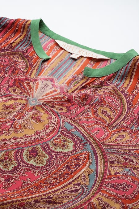 Buy_Ritu Kumar_Green Viscose Embroidery Round Neck Adrika Kurta Palazzo Set 